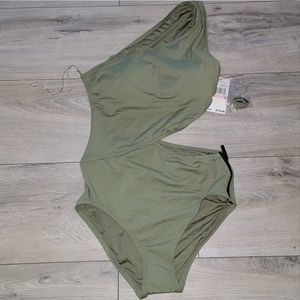 Michael Kors Green One-Shoulder Zipper Cutout One-Piece Swimsuit Size 10